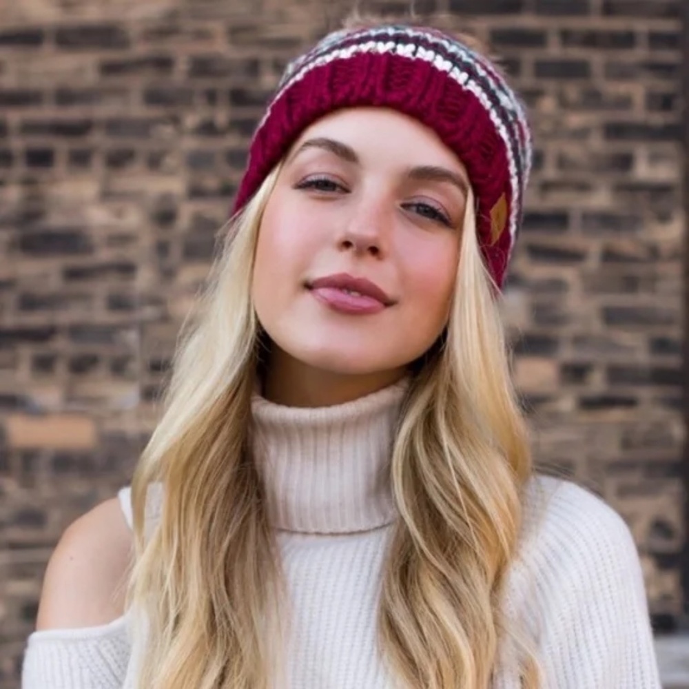 Multi Colored Holiday Beige Red Green Knit Faux Fur Pompom Beanie Winter Hat - Picture 2 of 5